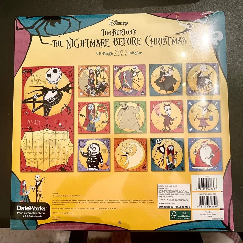2022 Disney Nightmare Before Christmas Wall Calendar New Sealed Tim Burton 12x12